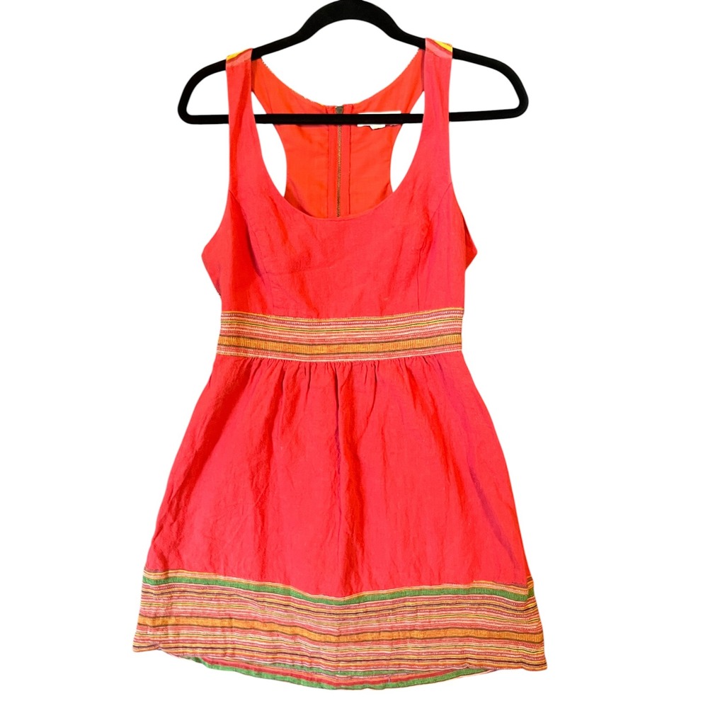 Staring at Stars Mini Dress Womens M Coral Linen Blend Cutout Back Boho Festival
